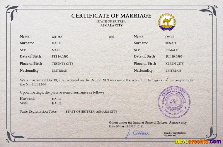 Eritrea marriage certificate